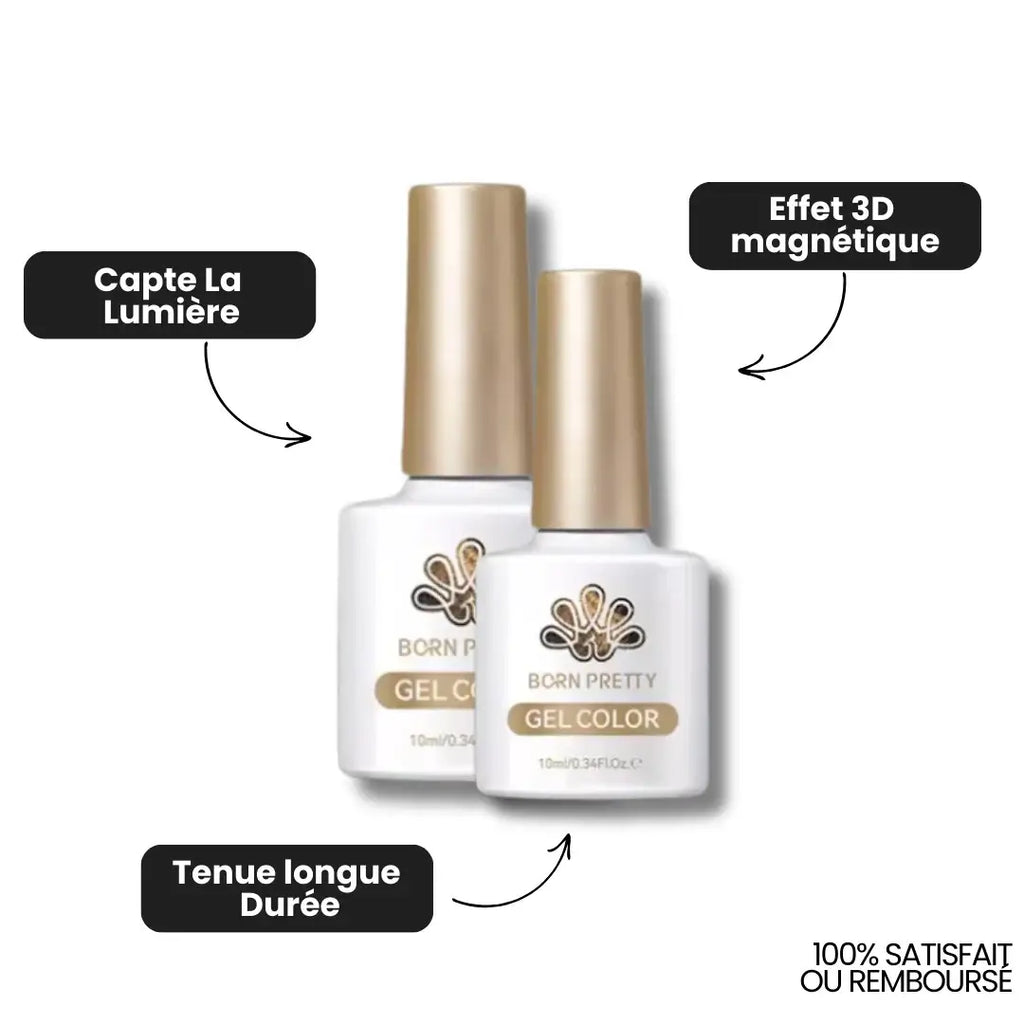 Vernis Gel Magnétique : deux flacons de gel coloré avec effet 3D magnétique et tenue longue durée.