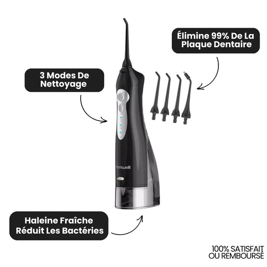 Irrigateur Buccal Hygiène Parfaite avec 3 modes de nettoyage, élimine 99% de la plaque dentaire et offre une haleine fraîche.