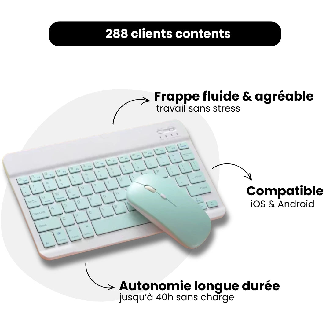 Le combo Apple-style ultra design avec clavier et souris, compatible iOS et Android, autonomie longue durée.