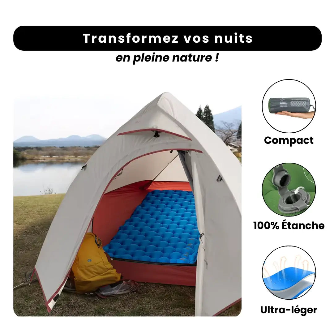 Matelas Camping Confort Premium dans une tente, offrant confort et légèreté pour vos nuits en pleine nature.