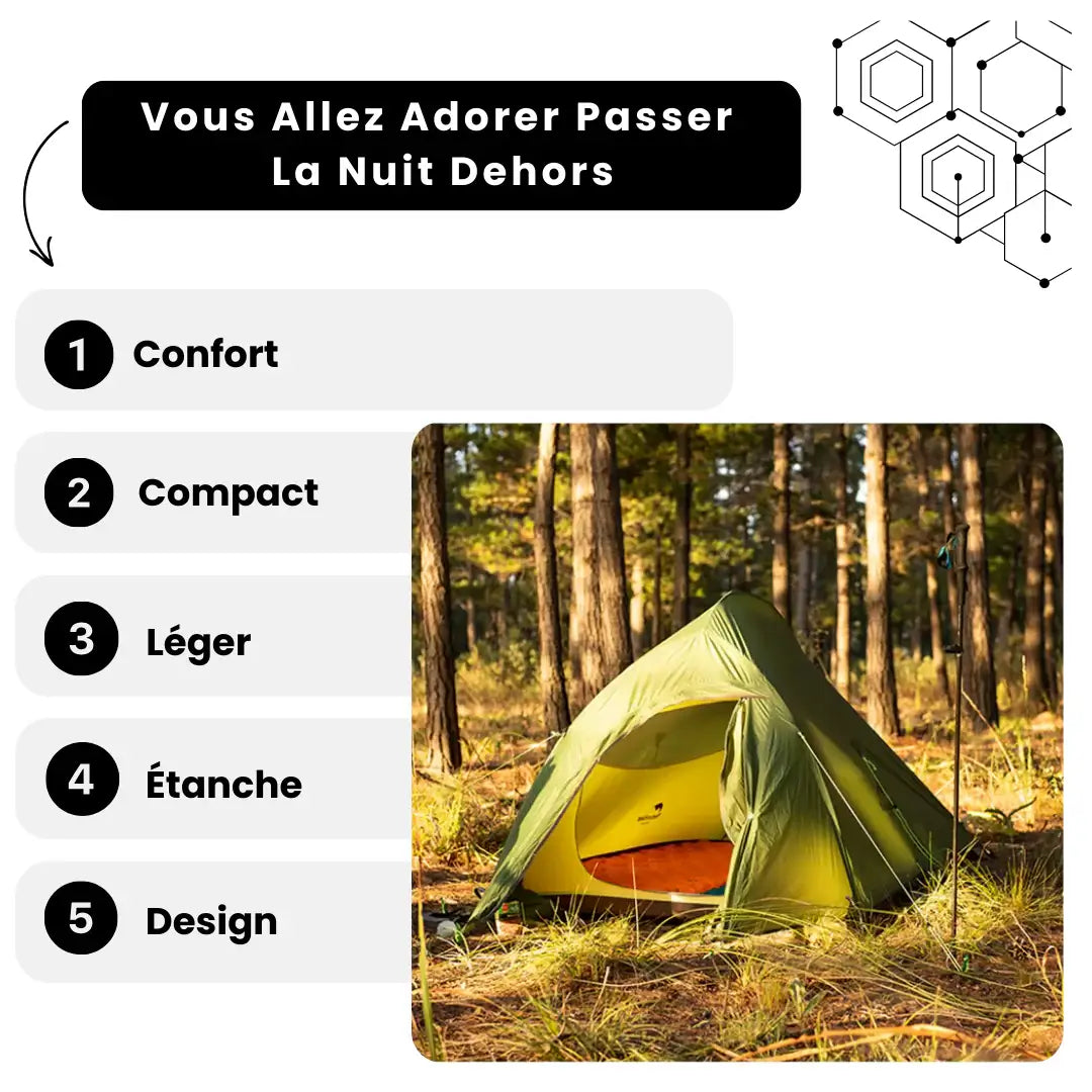 Matelas Camping Confort Premium dans une tente verte en pleine nature avec des arbres.